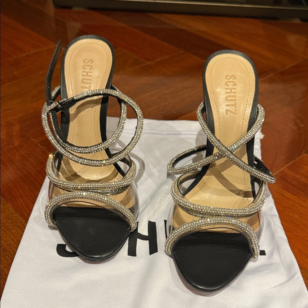 SCHUTZ Louise Black Strappy Crystal Wrap-Heel Sandals size 9B